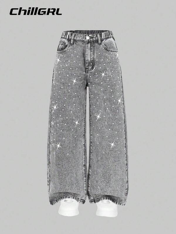 SHEIN Tween Girls Grey Fashionable Casual Rhinestone Embellished Loose Wide-Leg Washed Denim Jeans Fall Winter
