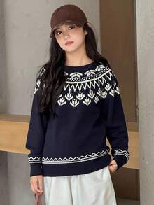 Dazy Kids Girls' Scoop Neck Long Sleeve Sweater, Autumn - Navy Blue - View 2