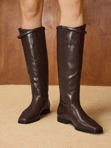 MOTF 女式复古方头PU皮革中筒靴 - 棕色 - 查看 6