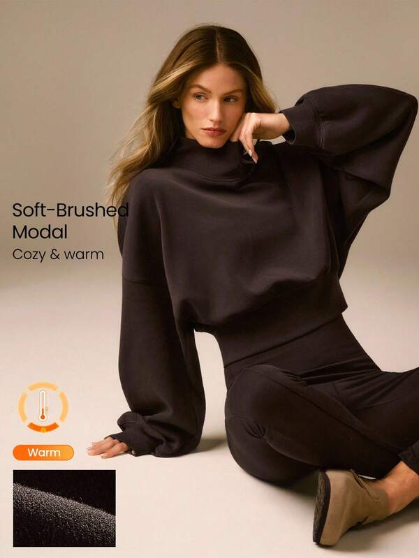 GLOWMODE Modal Soft Warm Curved Bubble Hem Waist Length Oversized Ribbed Cuffs High Neck Pullover Sweatshirt Daily