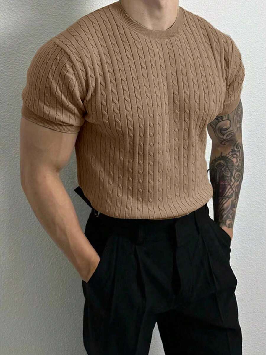 Manfinity Homme Men's Casual Everyday Commute Simple Solid Color Short Sleeve Cable Knit Sweater, Autumn - Camel - View 1