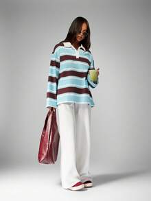 MISSGUIDED Cotton Retro Stripe Rugby Polo Oversized Long Sleeve Collared Pullover Autumn Winter Casual Weekend Loungewear Preppy Relaxed Fit Classic - Multicolor - View 3
