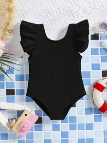 SHEIN 女婴露背蝴蝶结装饰盖袖连体衣沙滩泳装 - 黑色 - 查看 6