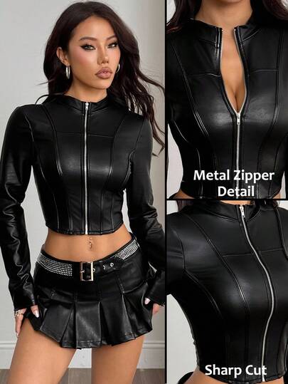 SHEIN PETITE Chaqueta corta y ajustada con cuello alto de estilo sexy y elegante para otoño/invierno