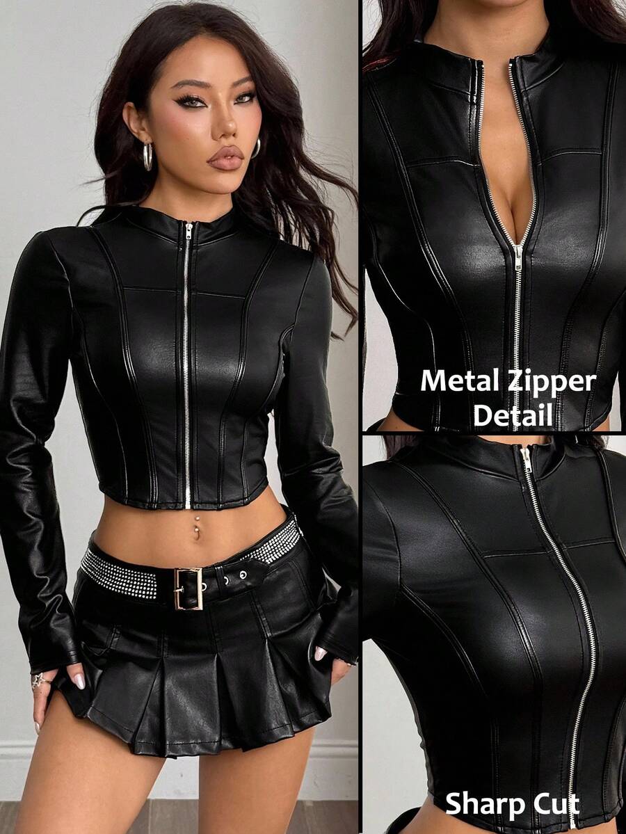 SHEIN PETITE 秋冬时尚性感黑色立领短款修身夹克 - 黑色 - 查看 1