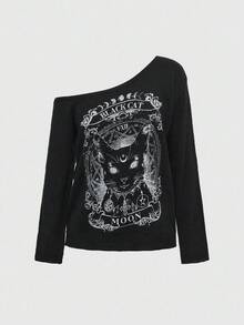 ROMWE Avant Áo len dệt kim họa tiết Halloween chéo vai cỡ lớn cho nữ, vải jacquard hình mèo đen - màu đen - Xem 1