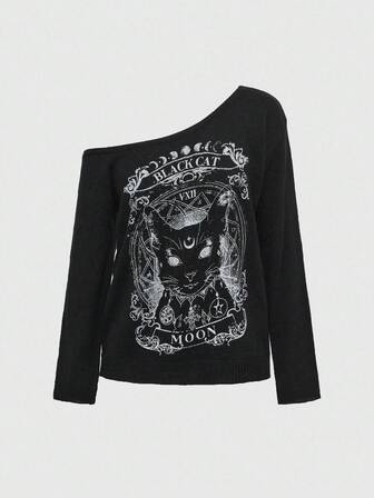 ROMWE Avant Maglione lavorato a maglia con grafica e spalla obliqua, motivo a gatto nero, per donne taglie forti