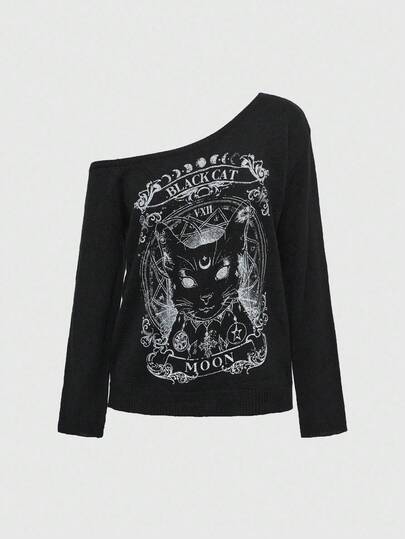 Hippie Pull unisexe à col oblique avec imprimé chat noir vintage pour Halloween