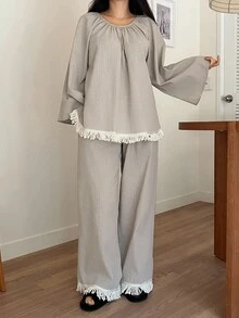 DAZY Tassel Patchwork Pleated Design Loose Women Pajama Set Fall Winter Clothes