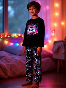 SHEIN Bộ 2 áo thun in hình trò chơi điện tử thường ngày cho bé trai tuổi mới lớn và quần ngủ in họa tiết trò chơi điện tử thoải mái - Màu xanh hải quân - Xem 3