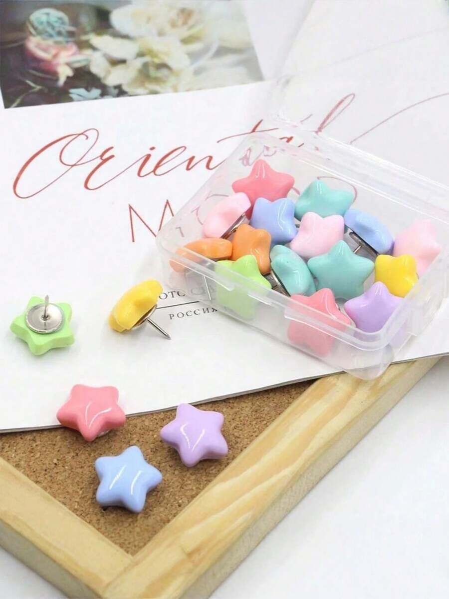 16/32 件多色星形图钉装饰图钉适用于公告板照片墙办公室学校家庭组织 DIY 装饰用品 - 彩色 - 查看 1