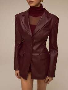 ATUI Studio Blazer de PU rojo burdeos con hombreras, esencial elegante y casual para el invierno, vestimenta de negocios, estética de dinero antiguo, minimalismo, Acción de Gracias - Color caoba - Ver 1