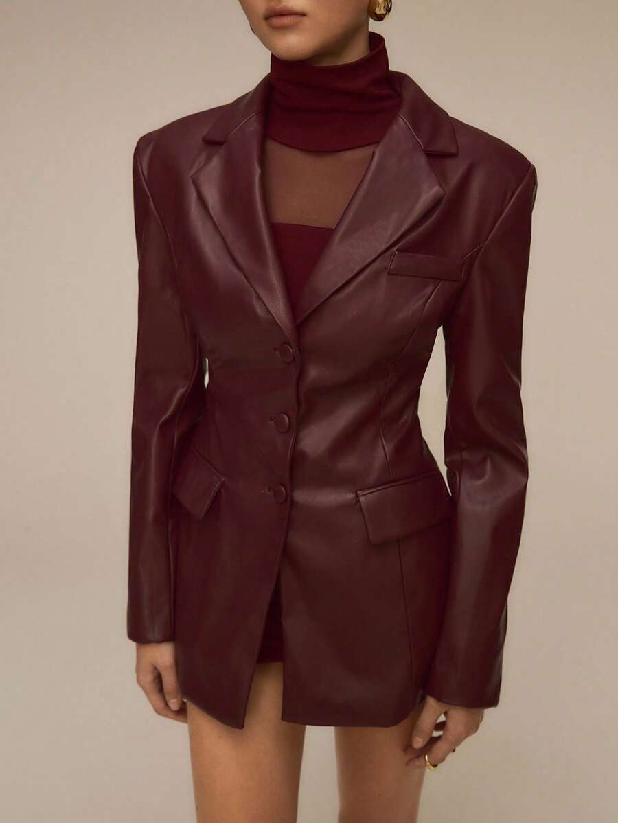 ATUI Studio Blazer de PU rojo burdeos con hombreras, esencial elegante y casual para el invierno, vestimenta de negocios, estética de dinero antiguo, minimalismo, Acción de Gracias - Color caoba - Ver 1