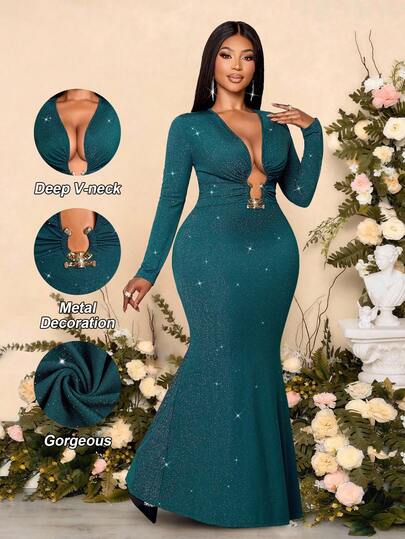 SOLERSUN Robe longue élégante et sexy pour femmes grandes tailles pour l'automne et l'hiver, avec manches longues, col en V profond, sac à taille, affinant les hanches, queue de poisson, plissé à la taille, décoration métallique en U, tricot scintillant vert argenté ajouré. Robe pour rendez-vous, soirée cocktail, rentrée scolaire, Noël.