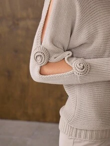 SHEIN Unity Women's Hollow Out Knitted Sweater Top - Apricot - View 3