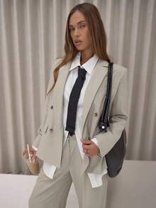 MUSERA Áo blazer dáng dài hai hàng cúc, có đệm vai, dễ thương, thanh lịch, gợi cảm, thích hợp cho mùa thu, đi chơi đêm, mùa đông, dự tiệc, mùa xuân. - Màu Xám nhạt - Xem 5