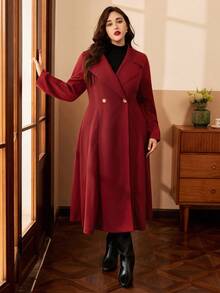 SHEIN Clasi New Minimalist Plus Size Women Woolen Overcoat, Suitable For Commuting, Party, Elegant, Christmas, Halloween - Red - View 6