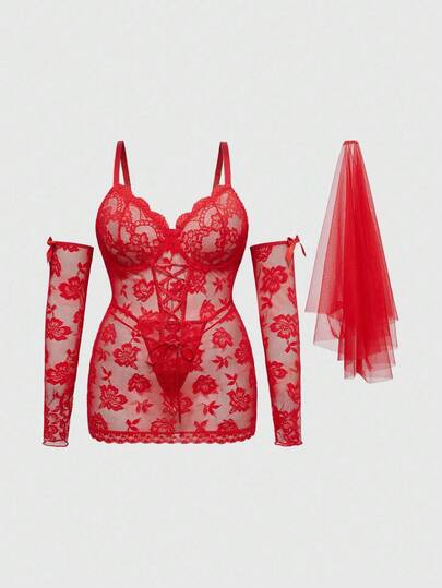 ROMWE Avant Plus Size Halloween Cosplay Lace Patchwork Lingerie Set