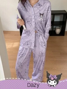 DAZY HELLO KITTY AND FRIENDS | SHEIN 女士卡通图案长袖上衣和裤子睡衣套装，秋季、秋冬季服装 - 紫色 - 查看 5
