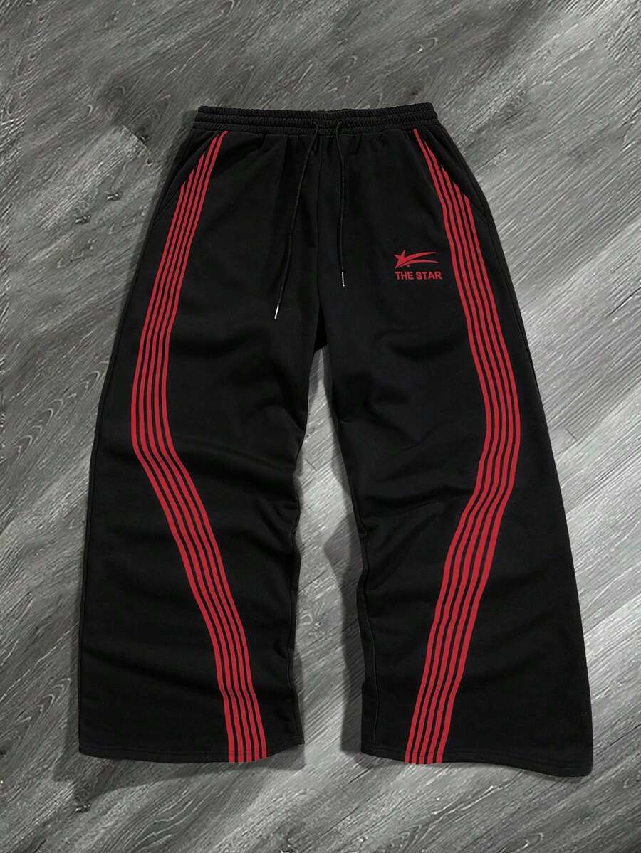 Manfinity Campus Court Pantaloni sport pentru bărbați, cu slogan grafic, cu cordon, pentru talie, sport, pantaloni de sală, pantaloni largi cu dungi laterale, pantaloni de sală pentru bărbați, pantaloni de trening, pantaloni de stradă