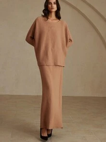 GENKIRA 1 Set Stylish Off Shoulder Loose Puff Sleeve Bat Wing Sweater + Maxi Skirt Knit Two Pieces Outfit - Khaki - View 4