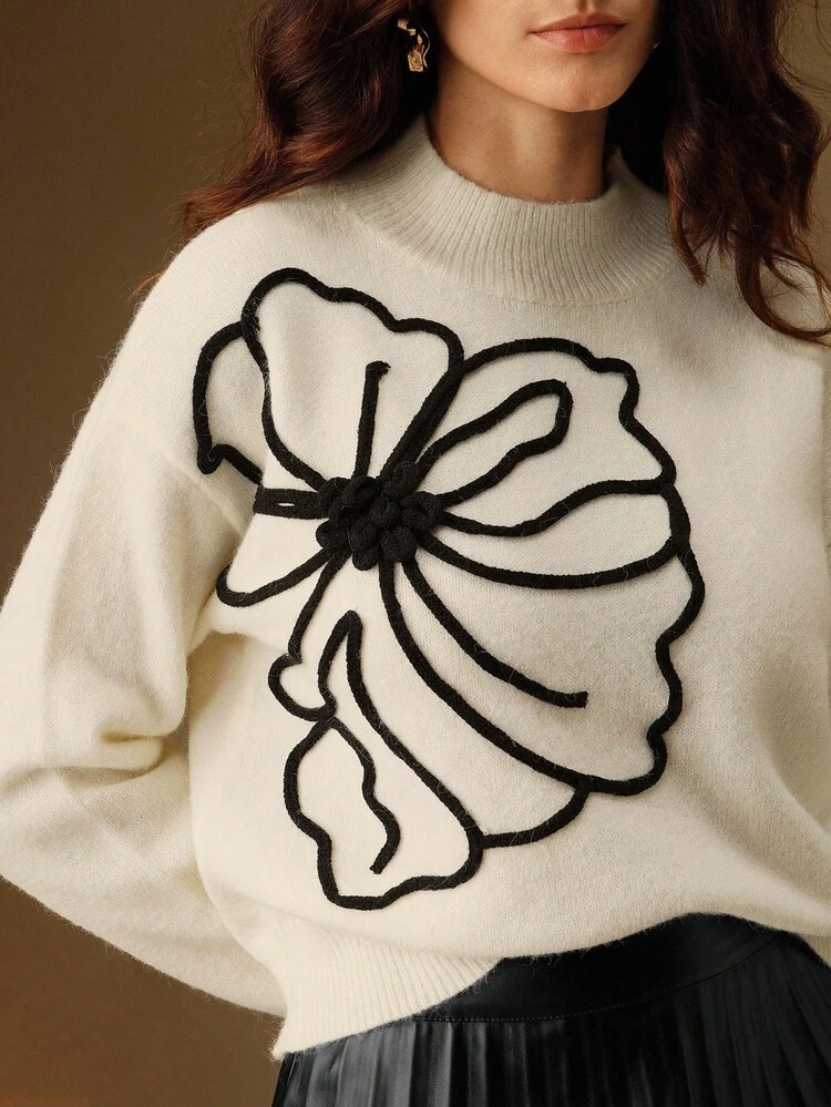 Pull en tricot uni décontracté pour femme, brodé de fleurs 3D, fait main, idéal pour l'automne, l'hiver, les occasions élégantes, les loisirs, les occasions formelles, les fêtes, la mode, le Nouvel An, Noël, le travail, l'obtention d'un diplôme ou un mariage.