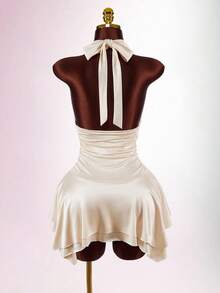 Y2K Amplova 女装 2025 夏季新款，适合生日派对，返校季，学院风，学生装，日常外出，基本款百搭，适合海滩、海边、日光浴，网络流行款式，街头风格，优雅，肩带配金属装饰扣，收腰，夏季迷你连衣裙 - 杏色 - 查看 5