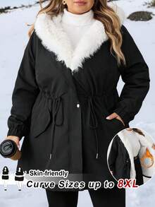SHEIN CURVE+ 大码冬季服装蓬松拼接连帽长袖加厚棉服 - 黑與白 - 查看 8