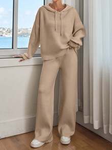 SHEIN Women Solid Color Drop Shoulder Hooded Pullover & Sweater Pants Set Linen