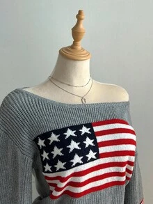 Elamini 女士休闲国旗图案提花针织毛衣，秋冬