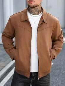 Manfinity Homme 男士拉链麂皮夹克，摩托车夹克，纯色，长袖，外出，休闲，男友礼物 男士休闲夹克 男士拉链夹克 男士棕色麂皮夹克 棕色夹克 男士飞行员夹克 抓绒 - 棕色 - 查看 3