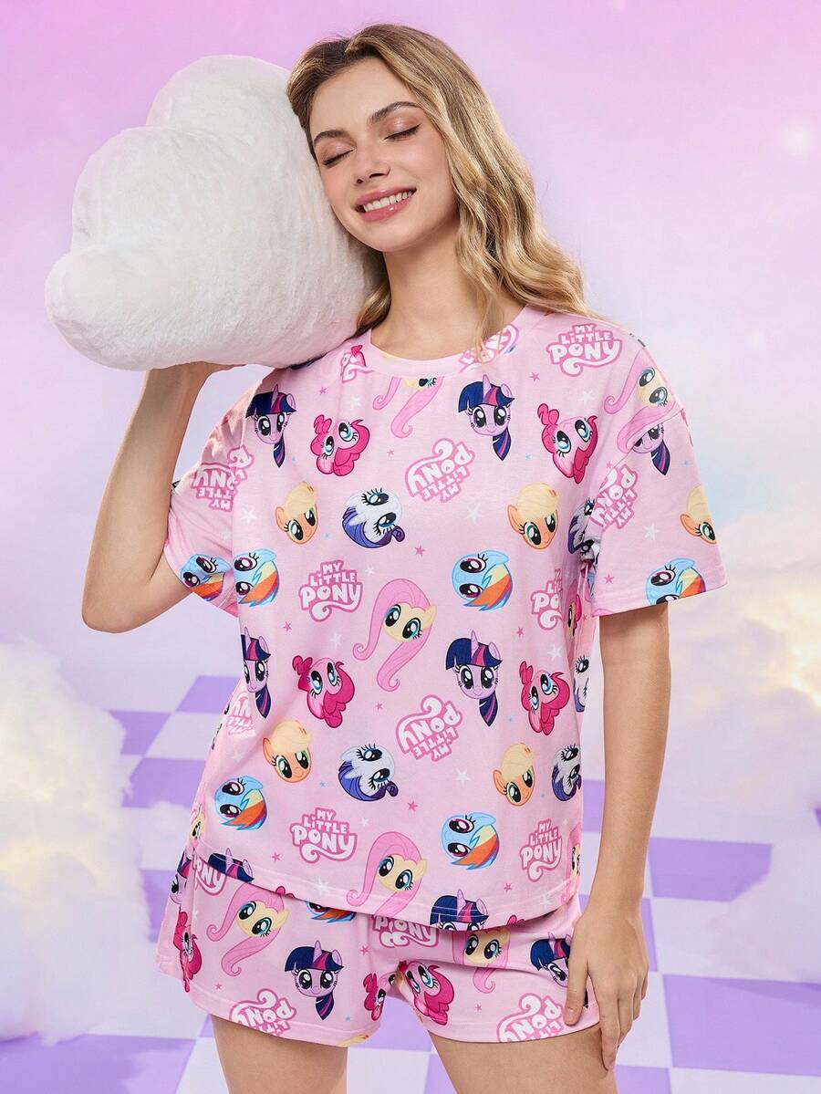 My Little Pony X SHEIN Women's Cute Pony Print Short Sleeve T-Shirt And Shorts Pajama Set, Summer Cute Sleep Wear Women Kawaii Pajamas - Multicolor - View 1