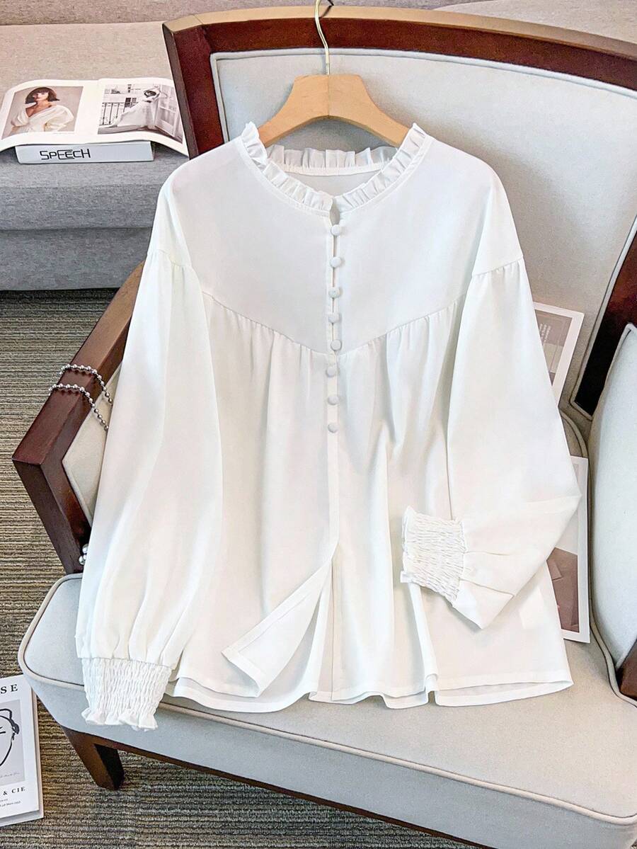 GlowEve CURVE Plus Size Women's Solid Color Frill Trim Round Neck Long Sleeve Button Design Casual Shirt - White - View 1