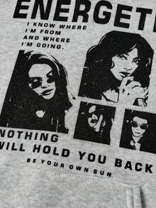 SHEIN Tween Girl Loose Portrait & Slogan Print Thermal Lined Hoodie & Drawstring Sweatpants Set Fall Winter - Grey - View 4