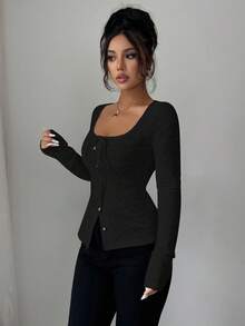 SHEIN LUNE قميص نسائي أنيق بلون أحادي ونسيج مزخرف مع أزرار أمامية، خريفي - الأسود - مشاهدة 5