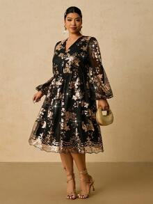 SHEIN VCAY Plus Size Sequin V-Neck Romantic Party Dress, Autumn/Winter Party Dress,Christmas - Black - View 1