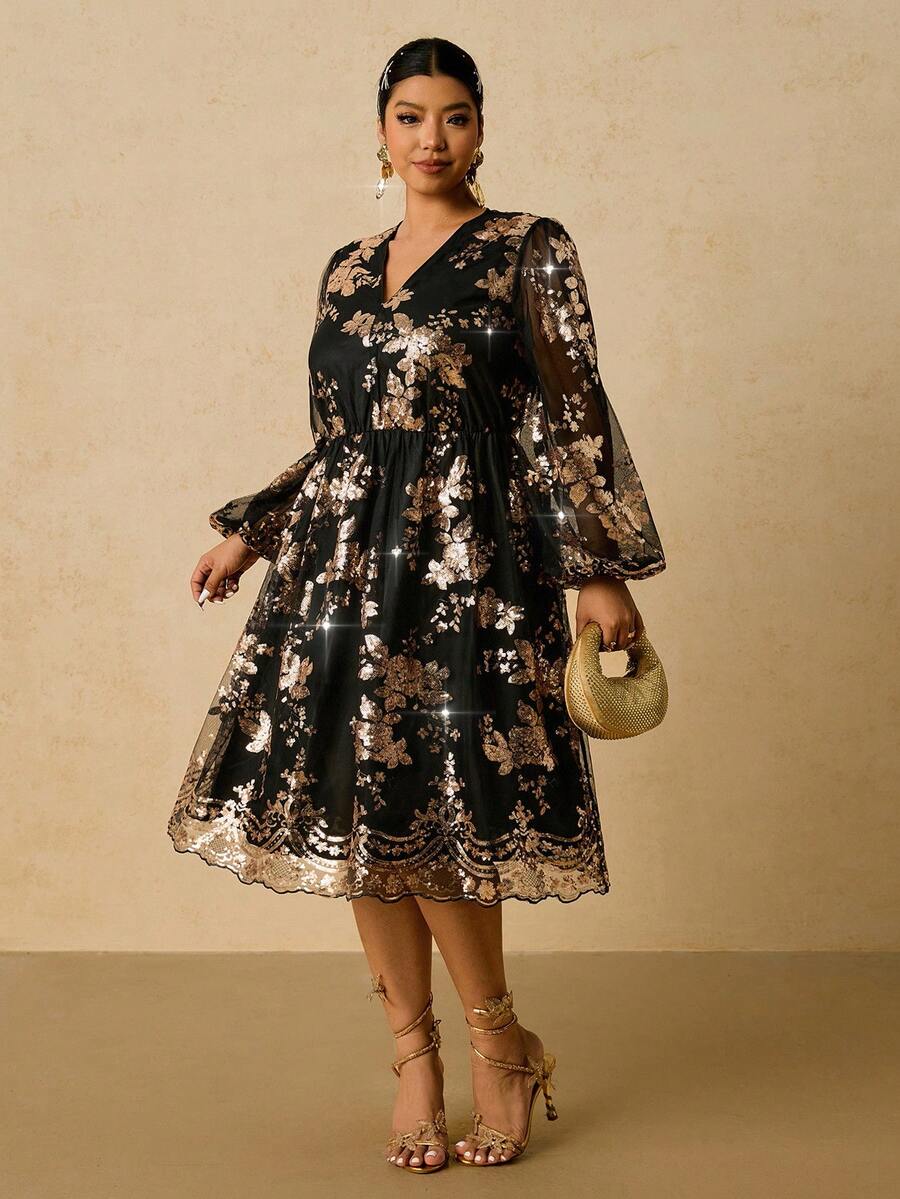 SHEIN VCAY Plus Size Sequin V-Neck Romantic Party Dress, Autumn/Winter Party Dress,Christmas - Black - View 1