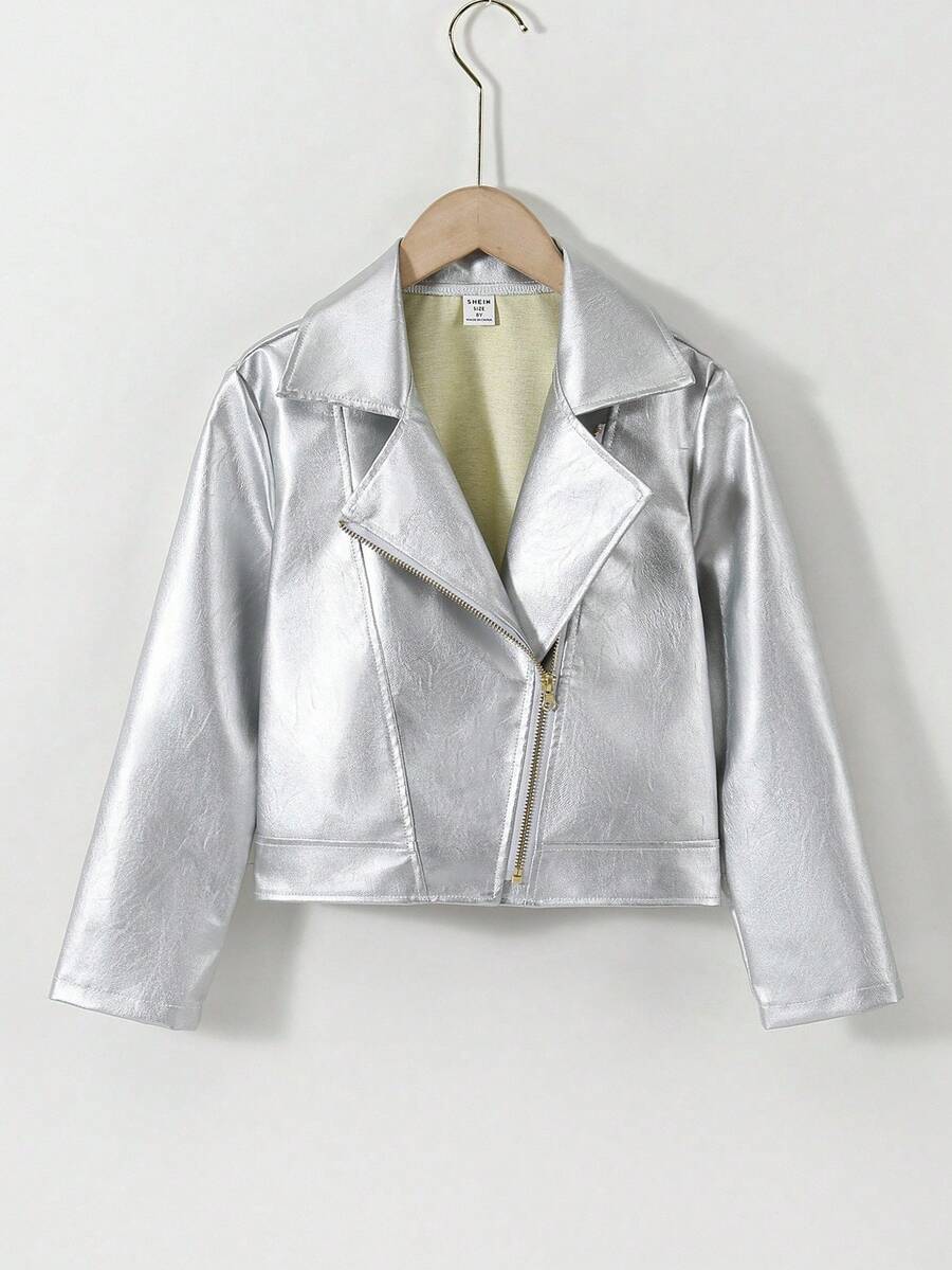 SHEIN Explorewe 女孩时尚酷炫仿皮短款长袖夹克 - 銀色 - 查看 1