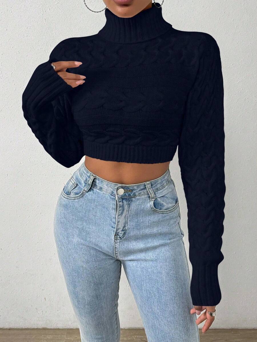 EMERY ROSE Women's Casual Solid Color Turtleneck Cropped Long Sleeve Sweater, Autumn/Winter - Navy Blue - View 1