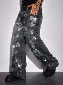 ROMWE MEN Street Life Men's Fashion Washed Distressed Rhinestone Embellished Jeans - Black - View 6