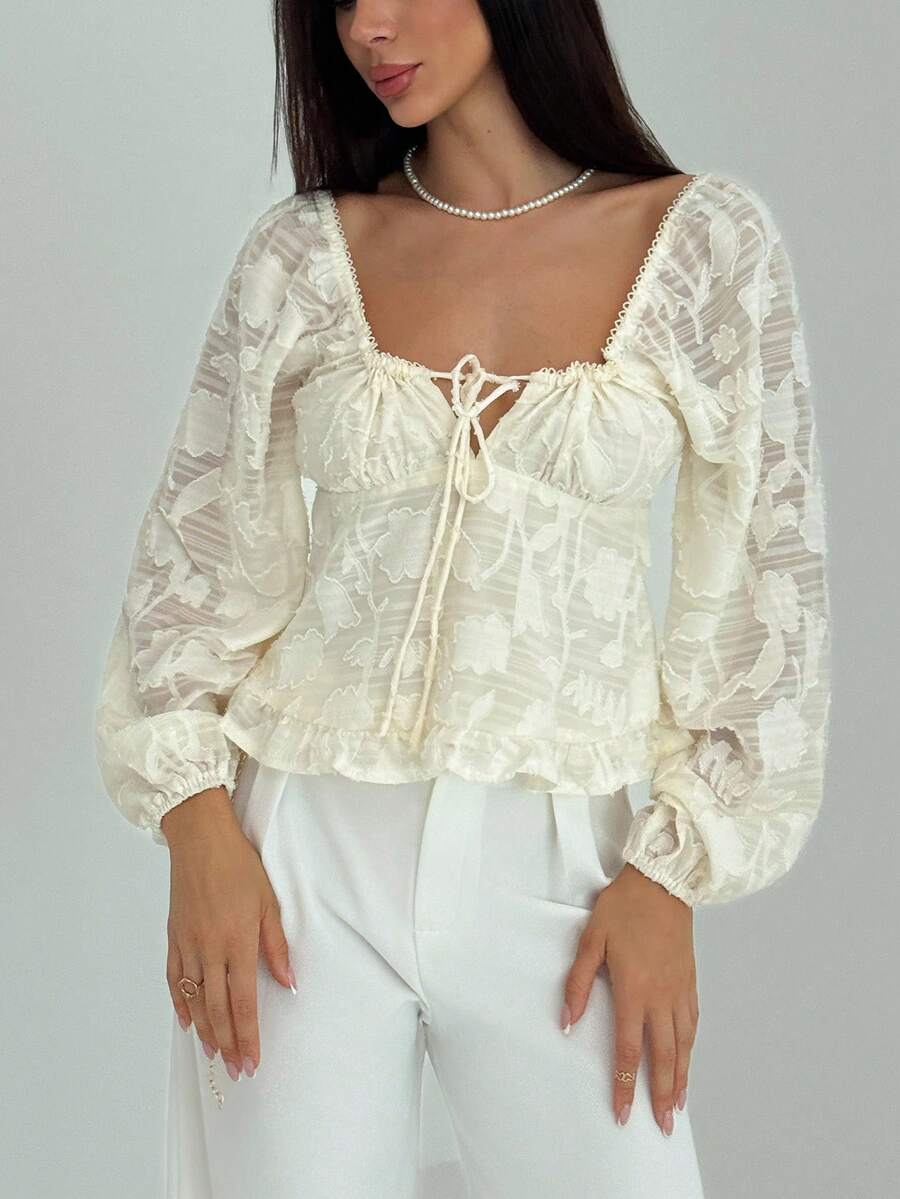 Aloruh 女士秋冬前系蝴蝶结衬衫，优雅衬衫 - 杏色 - 查看 1