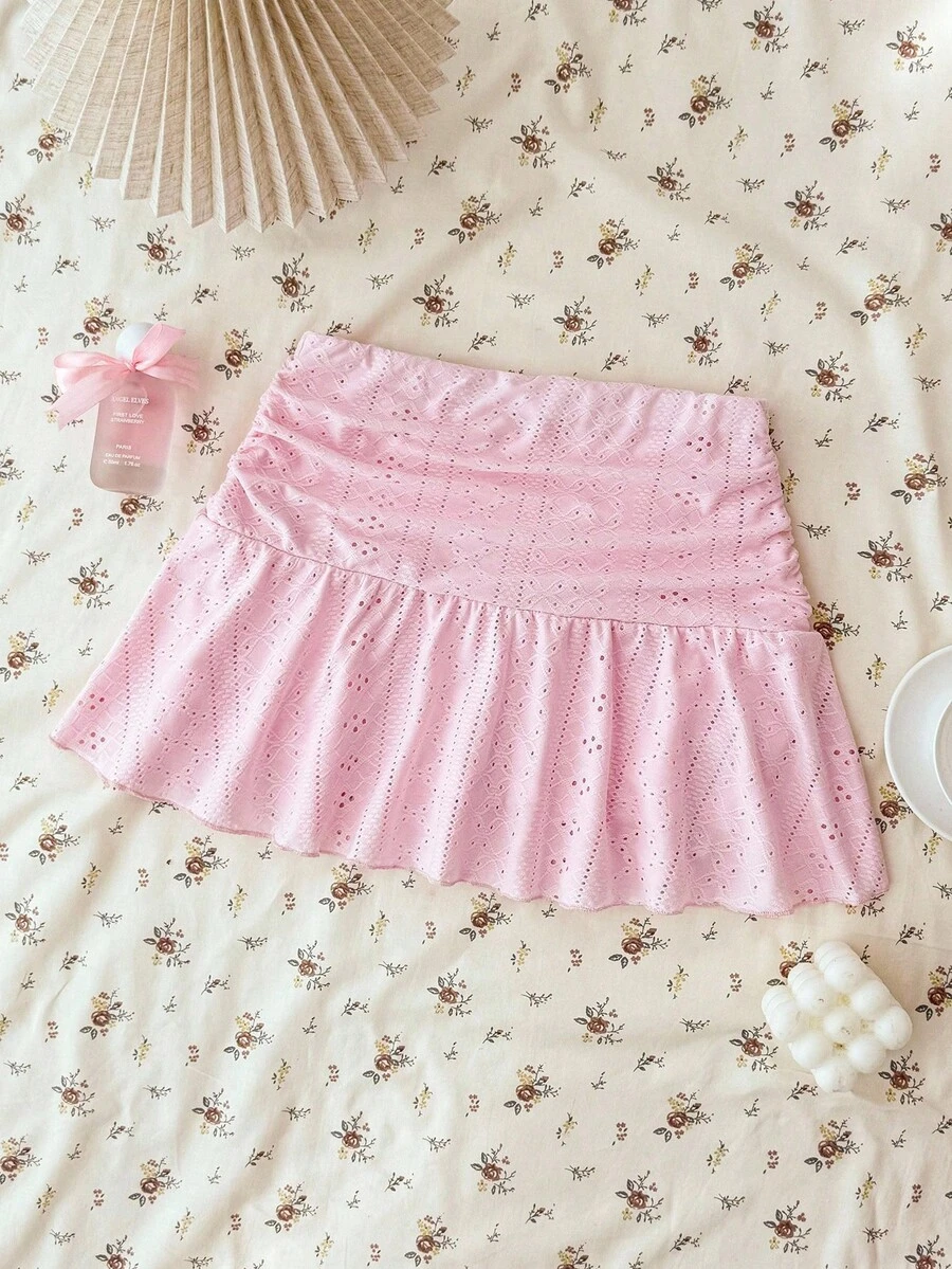 Teen Girls Pink Knit Casual Versatile Hollow Textured Ruched A-Line Mini Skirt, Suitable For Summer Summer Skirt Kid Teen Skirts Set Pink Skirt Set Girls - Pink - View 1
