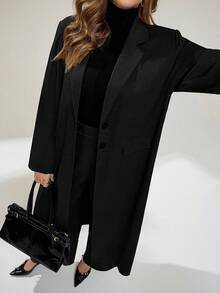 Auralis Plus Size Women's Spring And Fashion Casual Loose Comfortable Daily Versatile Slim Long Suit Jacket And Wide-Leg Pants Gray Suit Set,Old Money Style,Business Casual Woman,Office Outfits For Women,Work Wear, Outfits/ - Black - View 2