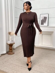 Modelyn Đầm dệt kim tay dài cổ tròn màu trơn cỡ lớn dành cho nữ, thanh lịch cho mùa thu/đông - Màu Khaki - Xem 1