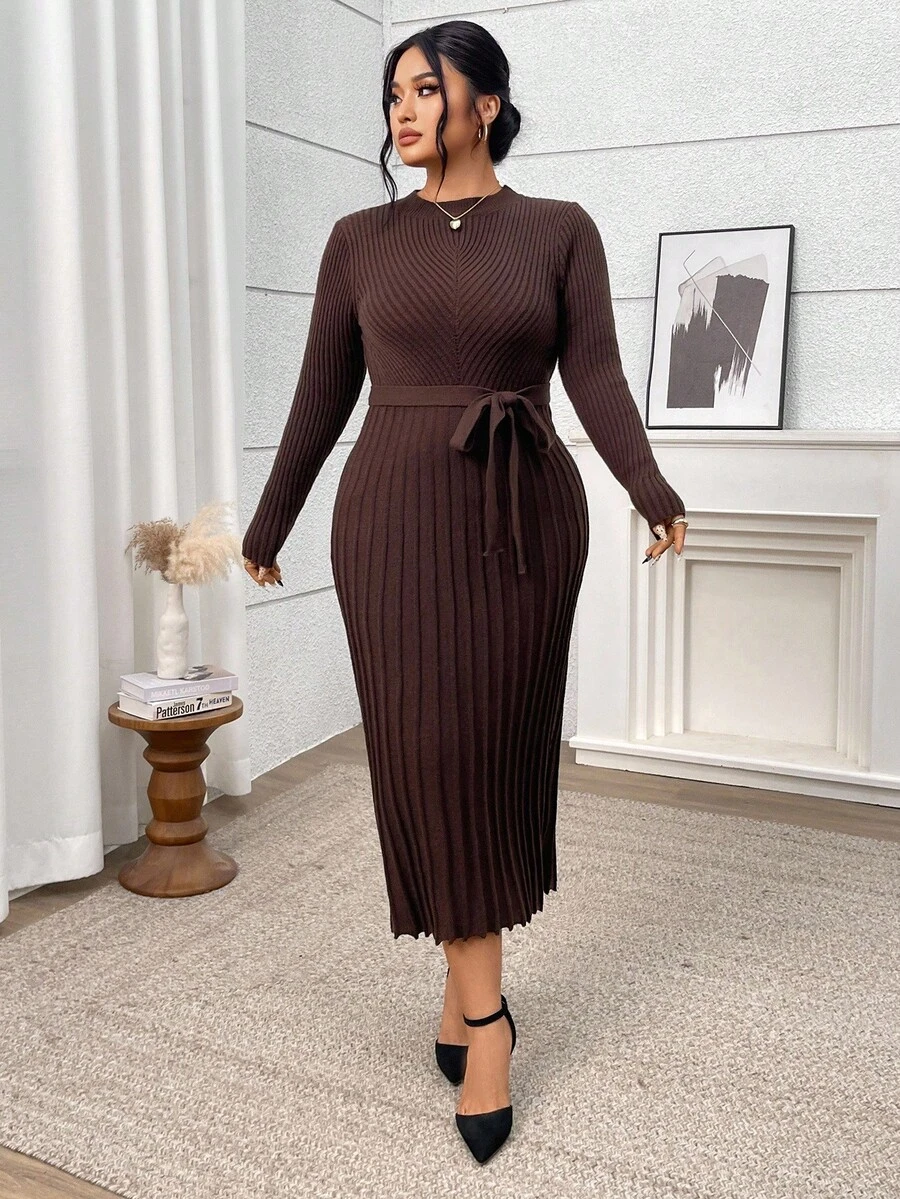 Modelyn Đầm dệt kim tay dài cổ tròn màu trơn cỡ lớn dành cho nữ, thanh lịch cho mùa thu/đông - Màu Khaki - Xem 1