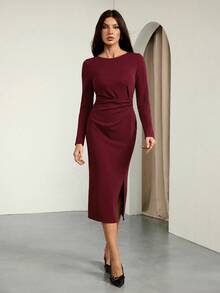 SHEIN Tall 女士休闲圣诞节/情人节红色心形图案开衩扭纹长袖修身中长连衣裙格子女裙 - 酒紅色 - 查看 7