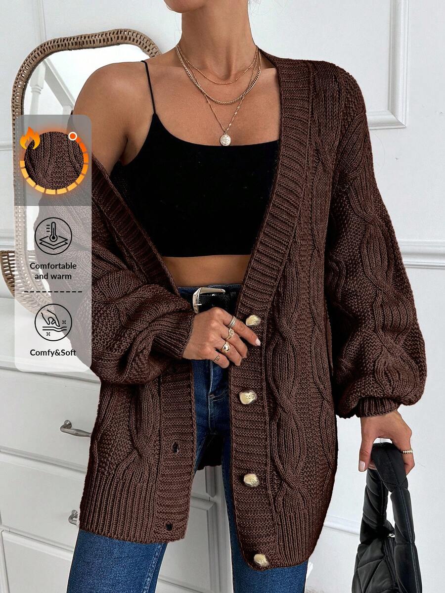 EURMUSE Women Cable Knit Detailed Oversize Cardigan - Brown - View 1