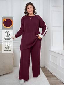 EURMUSE Sweater And Pants Two Pieces Set With Raglan Sleeve Holiday Lounge Burgundy Autumn - Burgundy - View 1