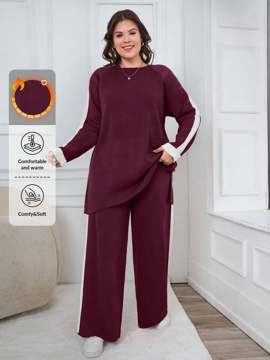 EURMUSE Sweater And Pants Two Pieces Set With Raglan Sleeve Holiday Lounge Burgundy Autumn - Burgundy - View 1