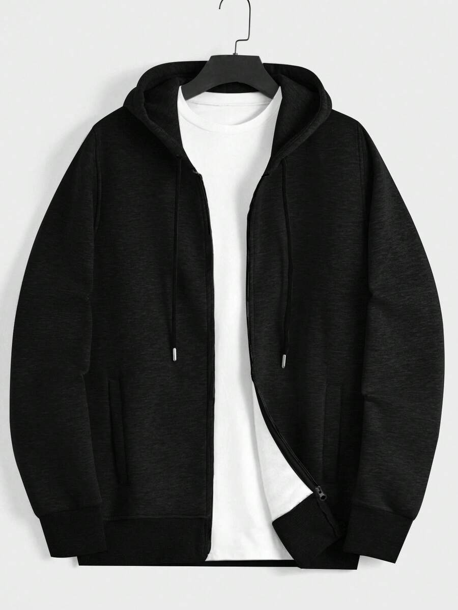 EURMUSE Cotton Men Zip Up Drawstring Thermal Lined Hoodie Without Tee - Black - View 1